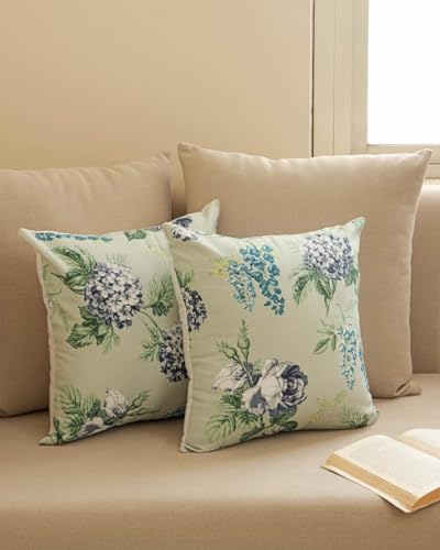 Image of Clasiko Set of 5 Cushion Covers 24x24 Inch - Duck Cotton Decorative Cushion Covers Sage Green Floral