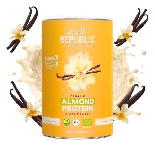 HARVEST REPUBLIC Bio Mandelprotein Pulver Vanille mit echter Vanille | 320 g veganes Proteinpulver | bis zu 14 g Protein pro Portion | Proteinpulver ohne Zusatzstoffe