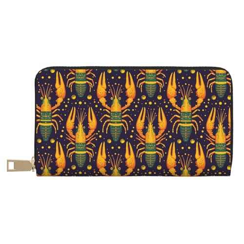 Retro Lobster Yellow Print Wallet Women Men, Long PU Leather Wallets for Women, Cute Womens Travel Wallet Purse Pouch with Zipper Pocket