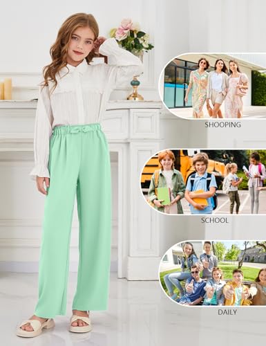 Image of Girls Wide Leg Palazzo Pant Loose Straight Cute Bow Waist Spring Summer Lightweight Dress Pant for Kids 5-14Y