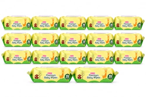 Image of Happy Premium Baby Wipes Export Quality with Aloe Vera & Vitamin E Alcohol-Free, Dermatologically Safe & pH Balanced | Gentle Skin Care for Newborns & Toddlers | Flip-Top Lid for Lasting Moisture (1224, 72 count (Pack of 17))