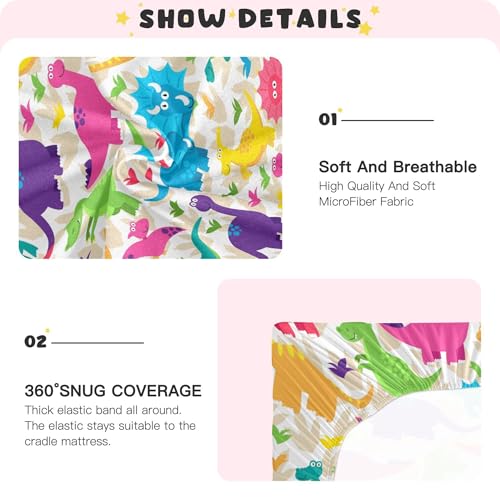 Image of Dinosaur Cartoon Colorful Crib Sheets Soft Breathable Fitted Baby Crib Sheets Mattress Cover for Girls Boys, 52 inch x 28 inch x 9 inch