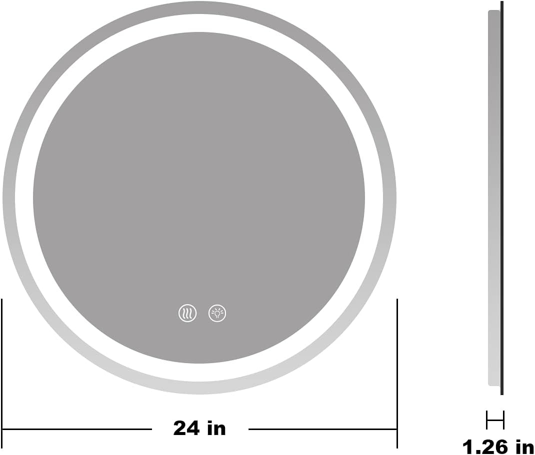 Technical drawing of the 24-inch round mirror, indicating its diameter and a thickness of 1.26 inches.