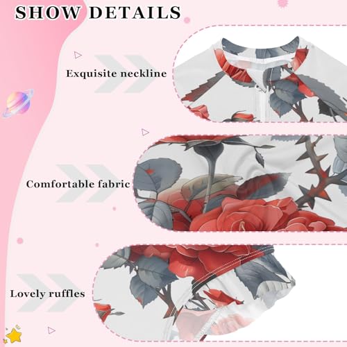 Girls One Piece Swimsuits Long Sleeve Swimsuit Zipper Bathing Suits Red Rose Flower Ink Plant3