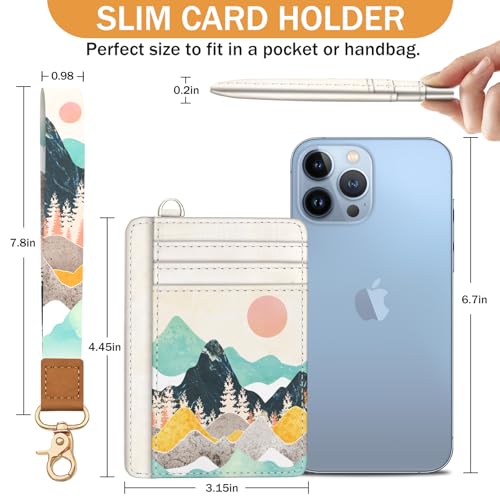 Sunrise Mountain Credit Card Holder Slim Wallet, RFID Wallet Women Front Pocket Wristlet Lanyard, Small Card Holder Travel Funny Cute Thin Card Case ID Window PU Leather Card Organizer Gifts