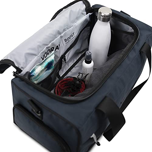 Vooray Boost Duffel, Water-Resistant Gym Bag with Shoe Compartment, Accessory Pockets, Small Overnight Travel Bag, Durable Sports Duffel Men Women 22L (Steel Blue, Boost (22L))