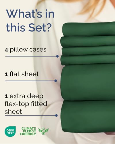 Image of Extra Deep Flex Top Split Head King Sheet Set - 6 Piece Breathable and Cooling Sheets - Hotel Luxury Bedding for Women, Men, Kids & Teens - Easy Secure Fit - Extra Deep Pockets - Emerald Green