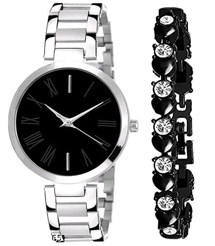 CORXIL Branded Watch 3 Different Dial Black-Pink-White Stainless Steel Silver Band with Silver Bracelet and Watch for Women (Black) (B0B8JXN9VK) Amazon Price History, Amazon Price Tracker