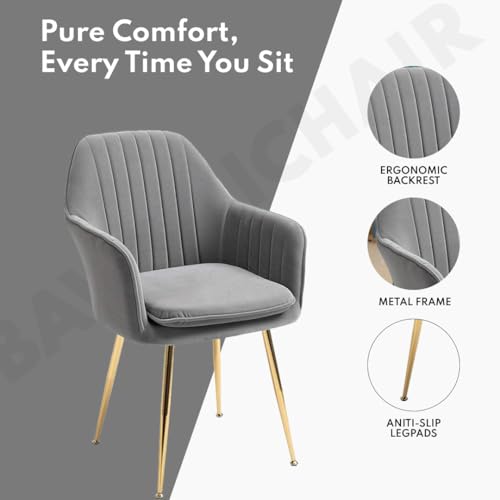 Image of Velvet Chair for Home | Modern Accent Armchair in Soft Velvet Fabric with Golden Legs | Set of 2 Premium Accent Chair for Living Room Bedroom Restaurent | (Grey N /A, Standard)