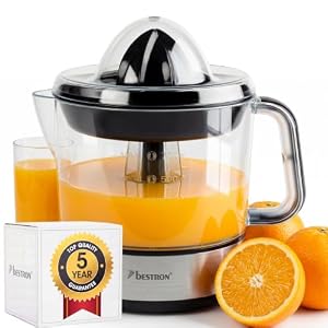 Bestron elektrische Zitrus- & Orangenpresse, inkl. 2 Presskegel und Aromadeckel, Motor mit zwei Drehrichtungen (links/rechts), Füllmenge: 0.7 Liter, 40 Watt, Farbe: Silber, ACJ350Z