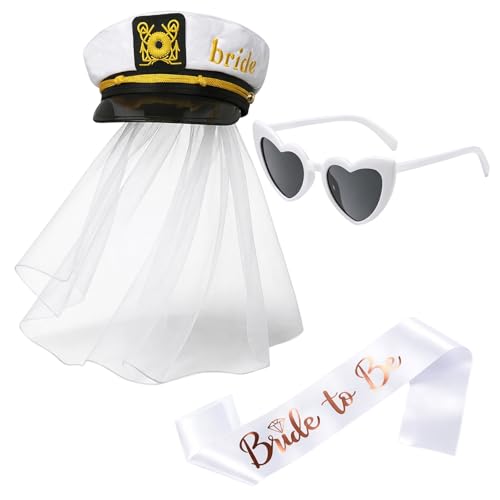 Ujukoxc 3-Piece Bride Captain Hat Bride Hat with Veil Navy Blue Bridal Accessories Set for Wedding Party White Lettering Shoulder Sash Gray Lens Heart Sunglasses