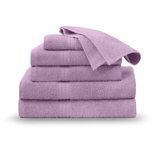 Martex Easy Living Everyday 6-Piece Bathroom Towel Set 2 Bath Towels 2 Hand Towels 2 Wash Cloths 100% Cotton Soft & Quick-Dry Towels - Lilac