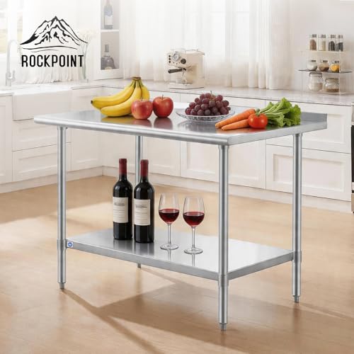 Image of ROCKPOINT SS304 Top All Stainless Steel Table for Prep & Work with Backsplash 30x48 Inches, NSF Commercial Kitchen Heavy Duty Table with Adjustable Undershelf for Restaurant,Kitchen, Home and Hotel
