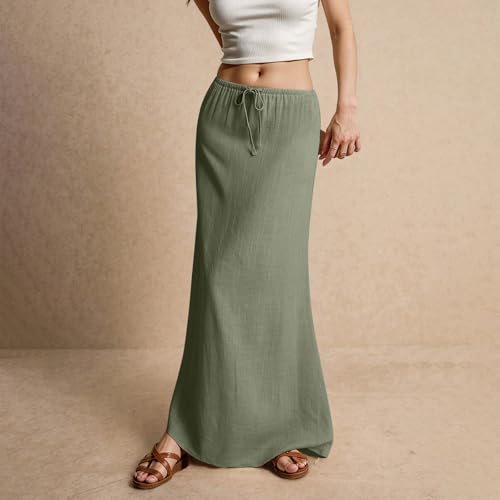 Linen Maxi Skirts for Women Summer 2025 Vacation Boho Skirt Comfy Drawstring Low Waist A Line Skirt Long Cover Ups3