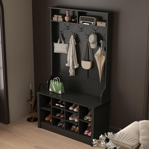 AIEGLE 39.4\" Wide Entryway Hall Tree with Bench and Storage, 3-in-1 Hall Tree Cabient with 10 Shoe Cubbies & 7 Coat Hooks, Coat Rack with Space Storage, Black
