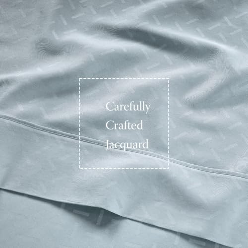 Image of Threadmill 300 Thread Count Cotton Queen Sheet Set, Sateen, Jacquard, Blue | 100% Cotton, Sateen Weave, Jacquard Pattern, 4-Piece Set, 16 inch Deep Pocket, Cooling, Fade-Resistant, Pill-Resistant