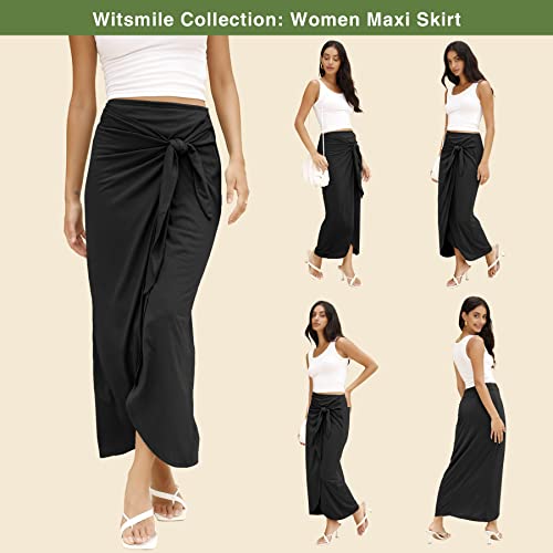 Witsmile Women’s Maxi Skirt High Waist Wrap Pencil Long Skirts For Women Slim Boho Draped Front Bodycon With Zip Back/Side (Black,S) #TOP1