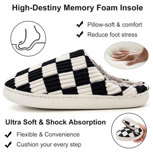 Image of Yueerlu House Slippers for Women Men, Fuzzy Checkered Mens Womens Slippers Warm Memory Foam House Shoes Indoor Outdoor with Faux Fur Lining