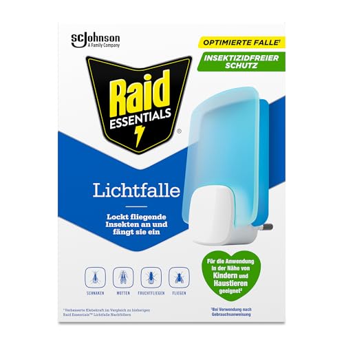 Raid Essentials LED Lichtfalle für Fliegen, Fruchtfliegen & Motten, 24/7 Schutz, Insektizidfrei, Familienfreundlich, Geruchlos & Ohne Rückstände, Für den Innenbereich, 1 Lichtfalle & 1 Nachfüllpackung