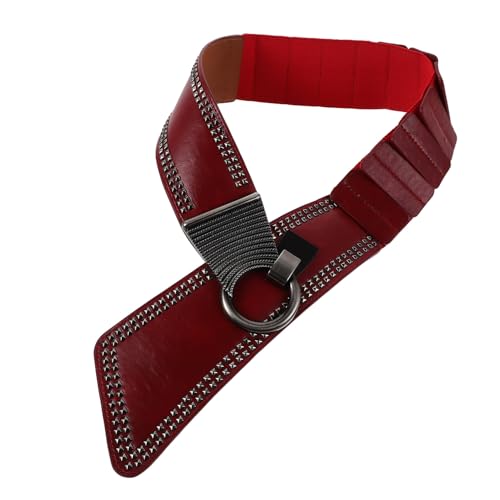 OKUMEYR Studded Punk Belt Women, Red Elastic Waist Belt for Dress, Stretch Rivets Waistband for Gothic Fashion and Festival Cosplay