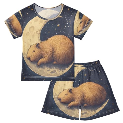 ALAZA Capybara on The Moon Pajamas Set Short Sleeve Cotton Sleepwear Summer Pjs 2 Piece 5-14Y