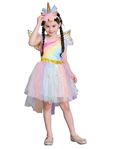NET TOYS Einhorn-Kostüm Für Kinder – Regenbogenkleid Größe 116 (4-5 Jahre), Inkl. Haarreif, Aus Polyester