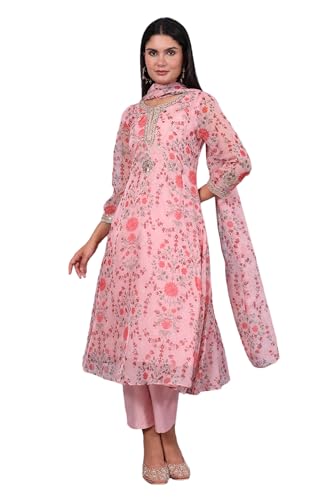 Image of W for Woman Pink Floral Printed Dori Embroidered Organza Flared Kurta, Straight Pant And Dupatta Set
