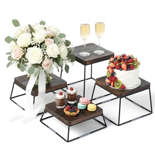 MyGift Dessert Table Display Set, 4pcs Food Risers, Brown Wood Buffet Risers, Pizza Stand with Matte Black Metal Wire Base, Dessert Display Stands
