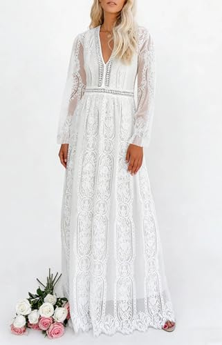 Image of Cercis Womens Off The Shoulder Floral Lace Maxi Wedding Dress Boho Flowy Wedding Guest Formal Long Dresses