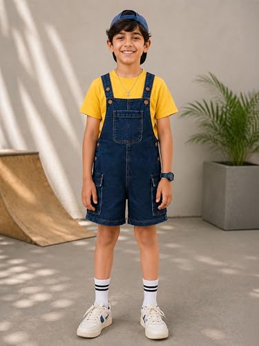 Image of KiddoPanti Unisex Denim Cargo Dungaree Shorts | 69.1% Cotton 29% Spun Poly 1.9% Spandex | Above Knee Length | Soft Breathable Summer Dungaree