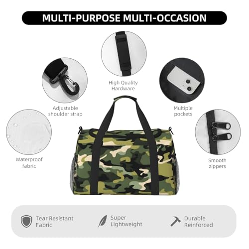 Duffle Bag Green Grey Camo Print Travel Duffel Bags for Men Women with Adjustable Strap Carry on Gym Bag Overnight Weekender Bag4