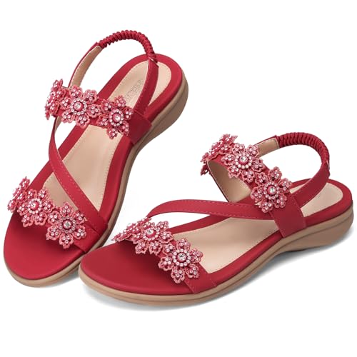 Image of TEMOFON Sandals for Women Flat Dressy Summer Flower Sandals with Ankle Strap Comfortable Casual Walking Flat Sandals Size 5-11