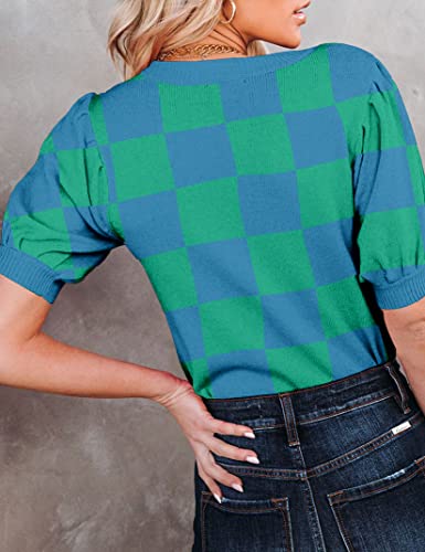 Image of Womens Puff Short Sleeve Sweater Tops Crewneck Basic Knit Pullover Lightweight Casual Sweaters