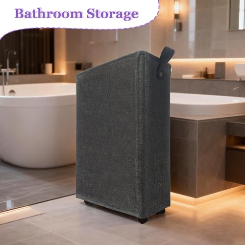 Image of Slim Rolling Laundry Basket with Wheels, 42L Narrow Laundry Hamper with Mesh Drawstring Cover & Handles, Collapsible Dirty Clothes Bin for Small Spaces, Dorm, Apartment, Bathroom, Dark Grey