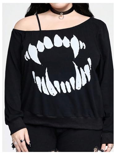 Verdusa Women's Plus Size Off The Shoulder Graphic Tee Long Sleeve Pullover Tops Gothic Clothes3