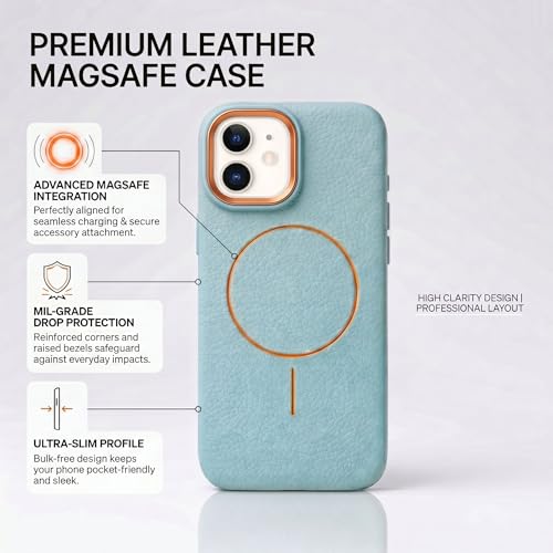 Image of amazon basics Luxury MagSafe Compatible Leather Texture Back Cover for iPhone 12 | Raised Camera Protection | Slim Fit Shockproof Case with Metallic Accents (Light Blue)