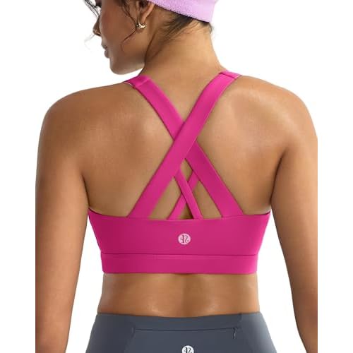 RUNNING GIRL Sports Bras for Women,Padded Strappy Sports Bras Criss-Cross Back Medium Support Sports Bras with Removable Cups X-Small Hot Pink
