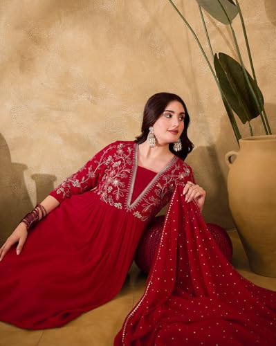 Image of SheWill Kurta Set for Women - Maroon Velvet Zari Sequence Cording Embroidered Kurta with Pant and Cutwork Organza Dupatta