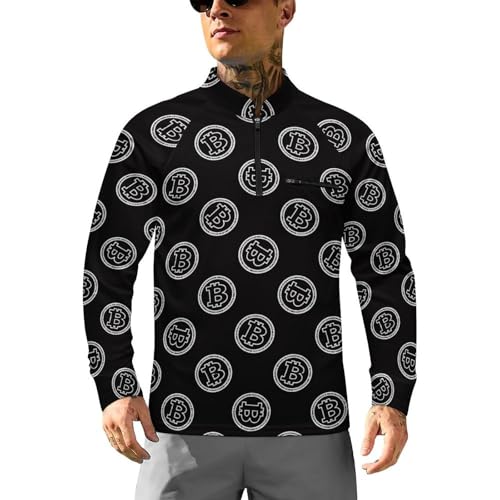 Bitcoin Crypto Currency Symbol Men's Rash Guard Long Sleeves Quick Dry Fishing Workout Shirts with Zipper