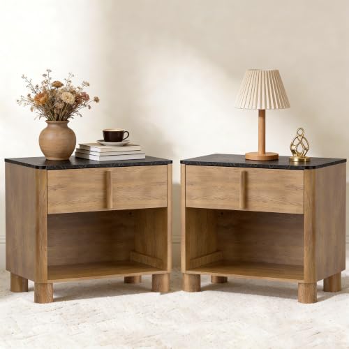 Image of Nightstand Set of 2, 27 inch Wide Faux Marble & Wood Bedside Tables with Drawer and Open Shelf, Modern Curved End Tables with Rounded Body and Cylindrical Legs for Bedroom and Living Room,Walnut