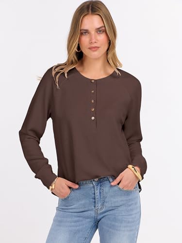 Image of ANRABESS Women's Waffle Knit Henley Top Long Sleeve Shirts