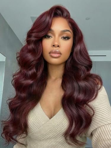 Image of Beauty Forever Bye Bye Knots 7x5 HD Lace Closure Glueless Wig Human Hair Dark Auburn Big Bouncy Wave Side Part Wig Invisi Drawstring Wear and Go Pre Plucked Pre Cut Bleached Knots 150% Density 22inch