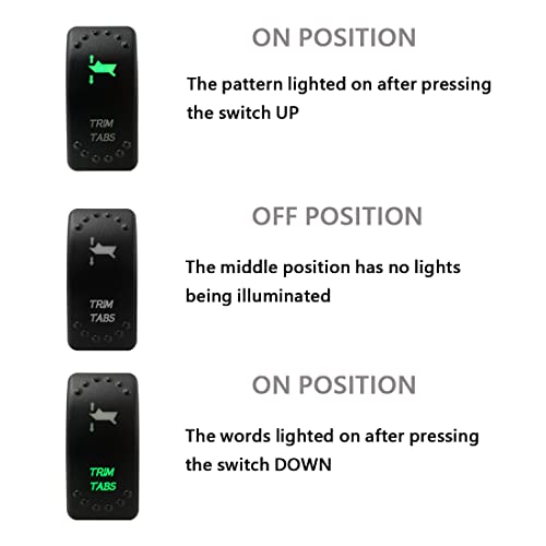 Image of Green Backlit Trim TABS Momentary Rocker Switch 7 Pin (ON)-Off-(ON) Laser Etched 3 Positions Mom Button Switch with Wires for Car Marine Boat UTV 20A /12V 10A /24V