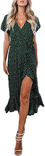 ZESICA Women's 2023 Bohemian Floral Printed Wrap V Neck Short Sleeve Split Beach Party Maxi Dress,GreenFloral,Medium