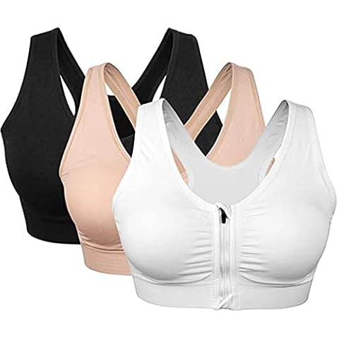 3 Pack Women's Sports Bra Zip Front Non Wired Comfy Post Surgery Bra with Removable Pads (Black+White+Nude, XL:Fit 34D,36B,36C,36D,38A,38B,38C) Cover