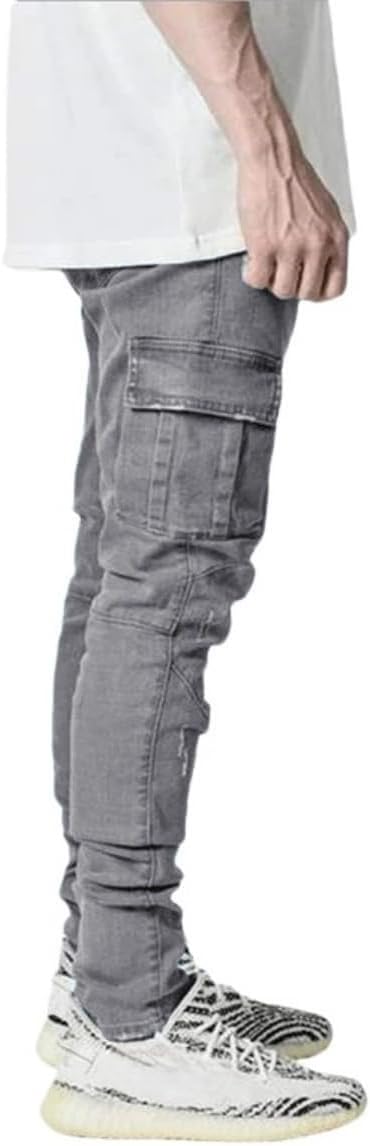 ABSECAI Mens Fashion Slim Fit Skinny Hip Hop Cargo Straps Jeans