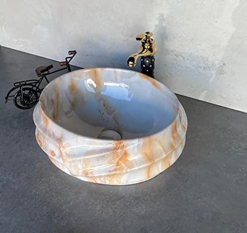 Image of Designer Glossy Finish Ceramic Art Table Top Wash Basin For Bathroom | Collapsible Countertop Washbasin (Black White Glossy Art, 16 x 13 x 6 Inch)