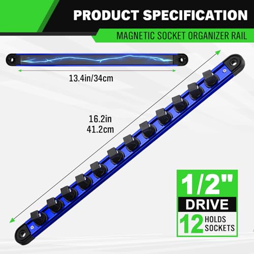 1/2-Inch Magnetic Socket Organizer Rail, Aluminum Alloy Socket Rail, Heavy Duty Sockets Holder with 12 Clips, 360° Swivel Clip Tool Tray, Sockets Organizer for Tool Box Drawer (Blue) thumbnail 2