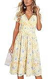 Newshows Summer Spring Dresses for Women 2025 Casual Midi Sun Dresses Beach Vacation Short Sleeve V-Neck Faux Wrap Dress with Pockets(Floral 37,Large)