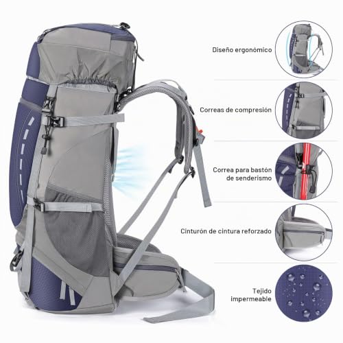 Miniatura 7 de Homiee 60l Mochila De Senderismo Ligera Impermeable Mochilas Trekking Viaje Con Cubierta De Lluvia Mochila Deportiva Al Aire Libre Para Escalada Acampar Turismo Hombre Mujer